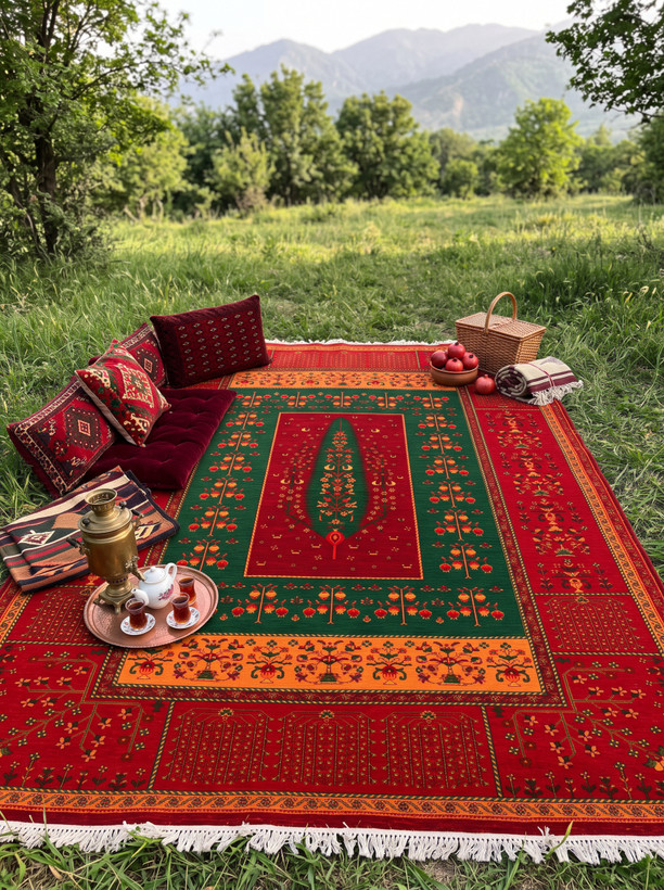 فرش ماشینی ۷۰۰ شانه طرح بلوچ عشایری زمینه لاکی کد 730 - نخ ۱۰۰٪ اکریلیک