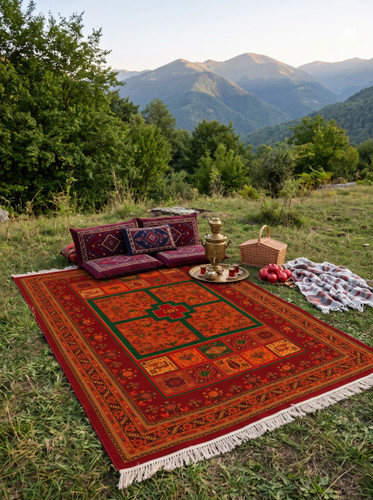 فرش ماشینی ۷۰۰ شانه طرح بلوچ عشایری زمینه لاکی کد 729 - نخ ۱۰۰٪ اکریلیک